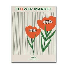 a poster with two red flowers on the front and green leaves on the back, reading flower market paris