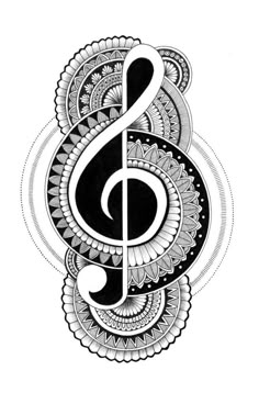 a black and white drawing of a treble with an intricate design on the side