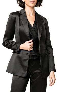 Fashioned from silky-smooth stretch satin, this fitted longline blazer adds glamour to your weekday and makes a statement at your next event. 29 1/2" length Notched lapels Lined 96% polyester, 4% spandex Dry clean Imported Layer Dress, Thanksgiving Outfit, Stretch Satin, Black Blazers, Tweed Jacket, Long A Line, Holiday Outfits, Christmas Outfit, Casual Chic