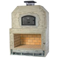 an outdoor pizza oven is shown with the door open and brick flooring on it