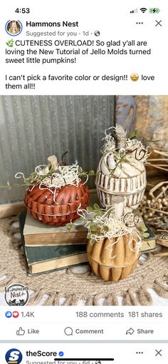 two small pumpkins sitting on top of books next to each other, with the caption's tweet below them