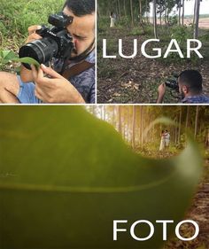 two pictures with the words, lugar and an image of a man holding a camera