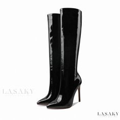 Lasaky - Sleek Over-the-Knee Patent Leather Boots with Ultra High Heel, Long Shaft, and Steel Pole Dance Design - A Perfect Addition to Your Sexy Fashion Ensemble. Knee-high Patent Leather Boots For Night Out, Patent Leather Knee-high Boots For Night Out, Sleek Fitted Knee-high Boots, Elegant Tall Boots For Party, Sleek Tall Fitted Boots, Fitted Tall Knee-high Boots For Formal Occasions, Formal Fitted Tall Knee-high Boots, Fitted Thigh High Patent Leather Boots, Black Fitted High Shaft Heeled Boots