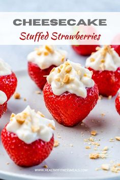 strawberry cheesecake stuffed strawberries on a white plate