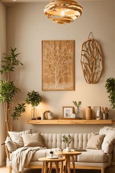 a living room filled with lots of furniture next to a wall mounted planter and potted plants