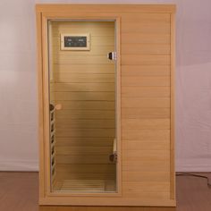 a sauna is shown with the door open