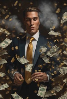 a painting of a man in a suit with money falling from his jacket and tie