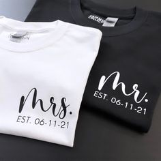 Handmade design t-shirts for couples. This bundle includes 2x T-shirts.  * All t-shirts are UNISEX ADULT sizes (small - xx-large) * All t-shirts are cotton/poly material Couples tshirts comes in black and white. Black for Mr. and White for Mrs. Care instructions: Wash with cold water and air dry only.  Check out my Instagram and TikTok page @cammyscollection SHIPPING NOTICE: Please note, with more people shopping online during this pandemic and while maintaining important safety measures with Canada Post, customers may experience delays with the estimated delivery times. If you have any questions, please do not hesitate to message me.  I look forward to making your customized t-shirts! - Cammy Mr And Mrs T Shirts Couple, Mr And Mrs Shirts Ideas, Couple Tshirts Unique Wedding, Couples T Shirts, Mrs Shirts, Together Since Shirts Couple, Husband And Wife Tshirt, Tshirt Couple, Couples Shirt Ideas