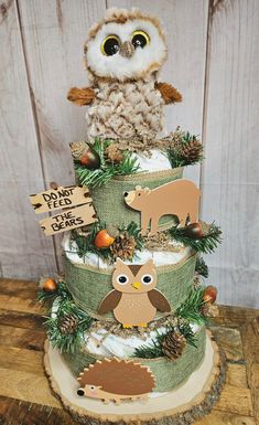 an owl sitting on top of a tiered cake covered in frosting and pine cones