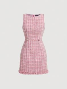 Pink Elegant Collar Sleeveless Woven Fabric Plaid Fitted Embellished Non-Stretch  Women Clothing 90s Pink Dress, Tweed Dress Outfit, Pink Tweed Dress, 60’s Fashion, Preppy Mode, Tweed Outfit, Saree Designs Party Wear, Usa Dresses, Fashionista Clothes