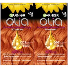 PRICES MAY VARY. Oil powered with no ammonia permanent hair color Olia shade 7.45 Dark Fire Ruby is an intense copper shade with mahogany reflects that provides 100% gray coverage to achieve vivid, radiant long lasting color for all hair textures Best for anyone with natural hair between medium blonde and medium brown Ammonia free permanent hair color made with a 60% oil blend with natural flower oils to help reverse roughness and dullness to deliver brilliant color and visibly healthier hair th Sun In Hair Lightener, Garnier Hair Color, Garnier Olia, Multicolor Hair, Clairol Natural, Color Conditioner, Dyed Red Hair, Covering Gray Hair, Brown Hair Dye