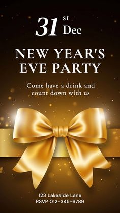 a new year's eve party flyer with a gold bow