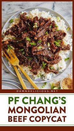 beef and rice on a white plate with the title pf change's mongolian beef copycat