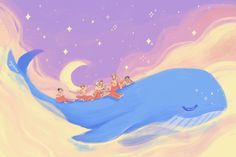 some people are sitting on top of a whale in the water with stars and moon above them