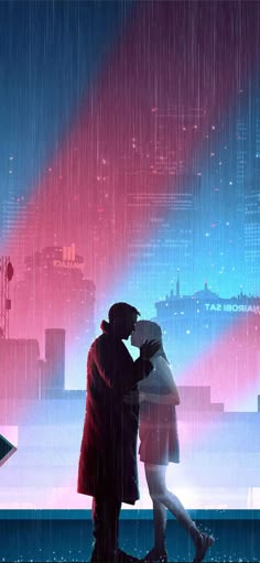 two people standing under an umbrella in the rain, with city lights and buildings behind them