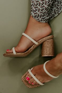 The Alaia Strappy Raffia Heel features a rattan block heel detail, and slip on style design. - Strap across toes- Slip on fit- 2.5in heel height Size & Fit Fits true to size and feel so comfortable! !This item is a part of our Vacay Vibes Collection. This collection is saturated with an inviting tropical inspired aesthetic, met with fully styled looks centered around a vivid color palette. This collection features intricate whimsical blouses, elevating floral prints, timeless accessories, and th Slip On Heels Outfit, Shoe Poses, Vacay Vibes, Honeymoon Outfits, Inspired Aesthetic, Heels Outfits, Trending Sandals, Vip Group, Fancy Shoes