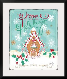 a holiday card with a gingerbread house in the snow