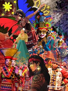 a collage of people dressed in colorful costumes