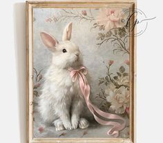 a painting of a white rabbit with a pink ribbon on it's neck sitting in front of flowers