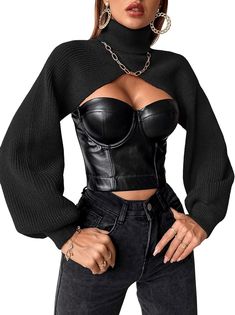 SweatyRocks Women's Lantern Sleeve Turtleneck High Neck Pullover Sweater Super Crop Top with Bandeau Top Black M at Amazon Women’s Clothing store Super Cropped Sweater, Outfit Nero, Super Crop Top, Crop Pullover, Cropped Pullover, Womens Turtleneck, Women Sweater, All Black Outfit, Mode Inspo