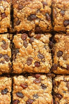 squares of oatmeal and raisins are arranged on top of each other