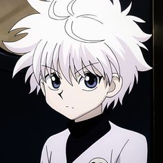 an anime character with white hair and blue eyes looks at the camera while standing in front of a door