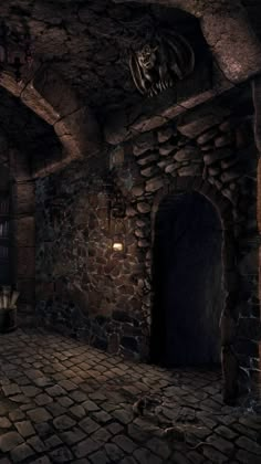 a dimly lit room with stone walls and brick flooring is shown in this image