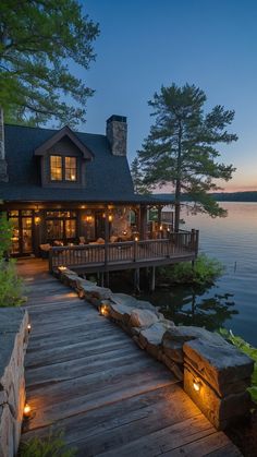 a wooden dock leading to a house on the water at dusk with lit up lights