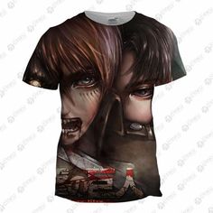 a t - shirt with the image of two people in front of them, one is staring