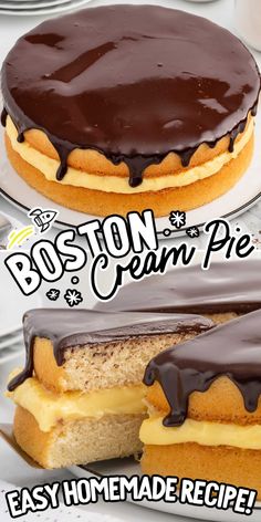 the boston cream pie is made with easy homemade recipe and it's ready to be eaten