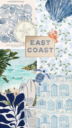 an assortment of blue and white wallpapers with the words east coast on them