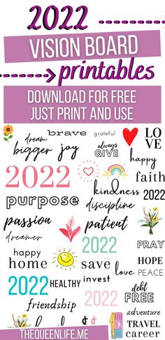 a poster with the words vision board printables