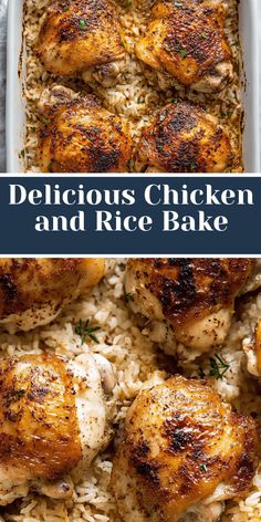 delicious chicken and rice bake in a casserole dish with text overlay