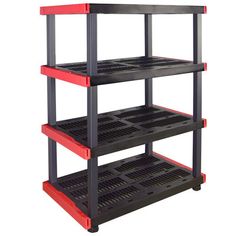 three tiered shelving unit with red and black shelves on each side, one is empty