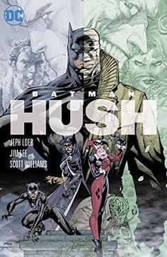 the cover to hush comic book, featuring batman and catwoman in front of an image of