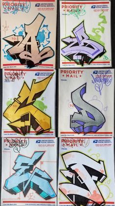 four different types of graffiti on white paper