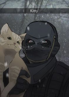 a cat sitting on the arm of a man in a black mask