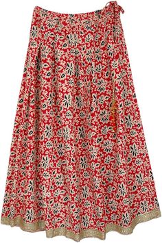 A classy royal vintage long cotton skirt with floral motifs, highlighted with a golden brocade on the hem and a shimmery royal vintagered tassel on the drawstring. The skirt looks dainty and glamorous vintage with just the drawstring, not an elastic, making it versatile and adjustable over a wide range of waist sizes. #tlb #MaxiSkirt #Dance #Floral #Printed #Indian #IndianSkirt #GarbhaDress #DandiyaSkirt Vacation Skirts, Long Cotton Skirt, Red Maxi Skirt, Steampunk Skirt, Long Floral Skirt, Indian Skirt, Trendy Skirts, Sewing Skirts, Red Skirts