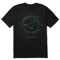 a black t - shirt with the words aries on it and stars around it