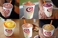 several pictures of different types of smoothies with strawberries, bananas and pineapples