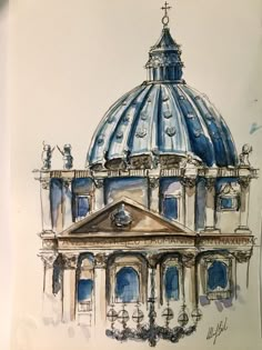 a drawing of a blue dome on top of a building