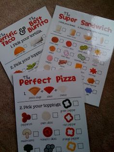 three printables for the perfect pizza game on carpeted floor with brown background