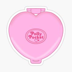 a pink heart shaped sticker with the words polly pocket on it's side