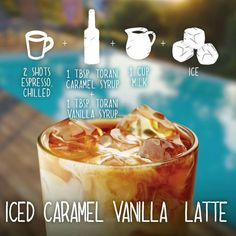 an iced caramel vanilla latte next to a swimming pool with ice cubes