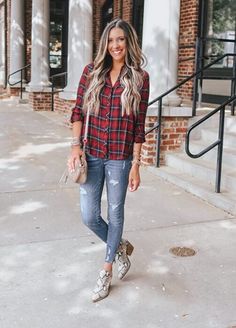 Cute Fall Outfit with Snakeskin Booties Plaid Blouse