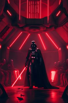 darth vader standing in the middle of a room with red lights on it