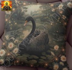 two black swans in the water surrounded by daisies and lily pads on a pillow