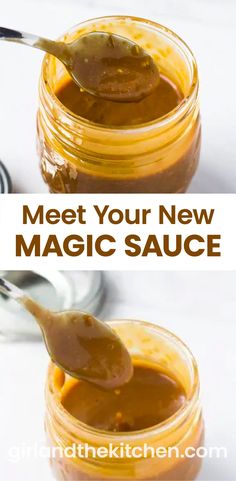 a spoon full of sauce with the words meet your new magic sauce above it and below