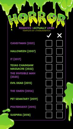 a green and black checklist with the words horror on it