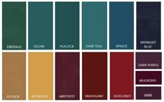 the color chart for different shades of wine and dark red, blue, yellow, green,